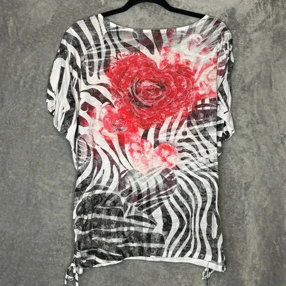 Style & Co 1X Shirt Top Black Floral Striped Short Sleeve Scoop Neck Ruched Knit - Picture 5 of 7